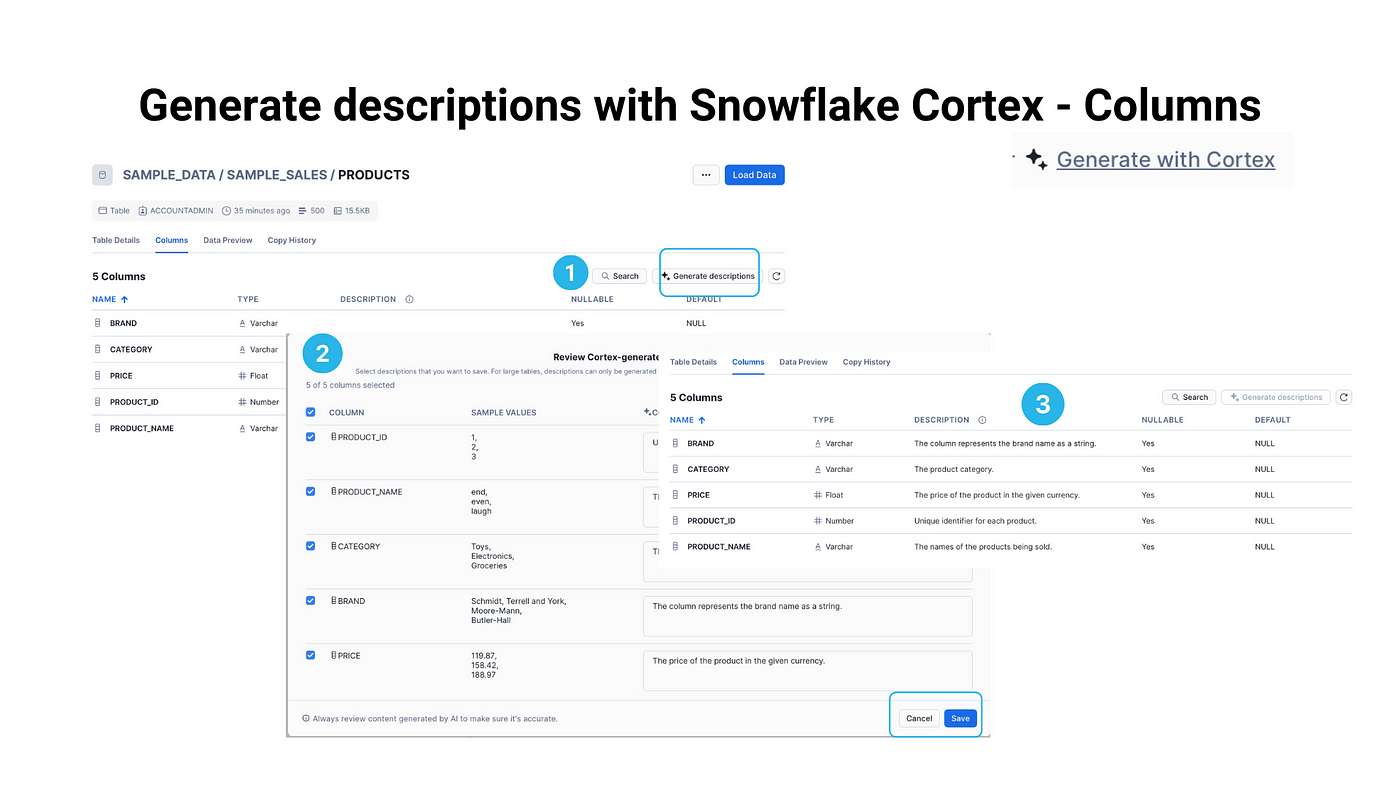 Generate descriptions with Snowflake Cortex — Columns