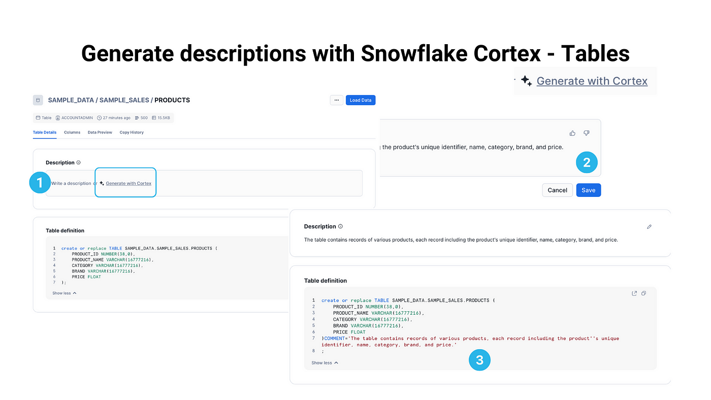 Generate descriptions with Snowflake Cortex — Tables